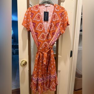 Orange Floral Wrap Dress
